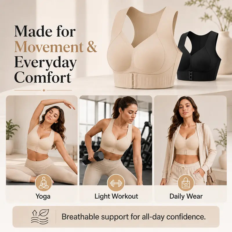 Women’s Wireless Posture Correction Bra with Front Closure & Wide Straps