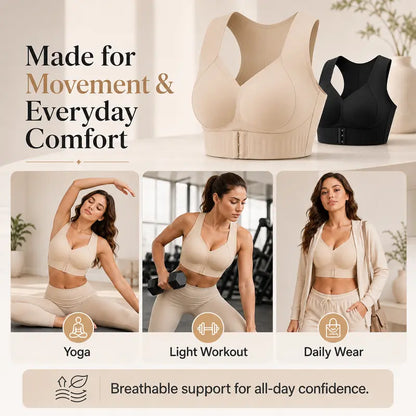 Women’s Wireless Posture Correction Bra with Front Closure & Wide Straps